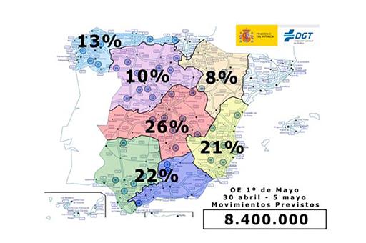 Mapa de España con las previsiones de desplazamientos de la DGT